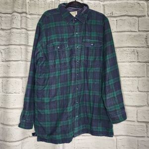 LL Bean Mens Blue And Green Plaid Flannel Fleece Lined Button-up Shacket Large